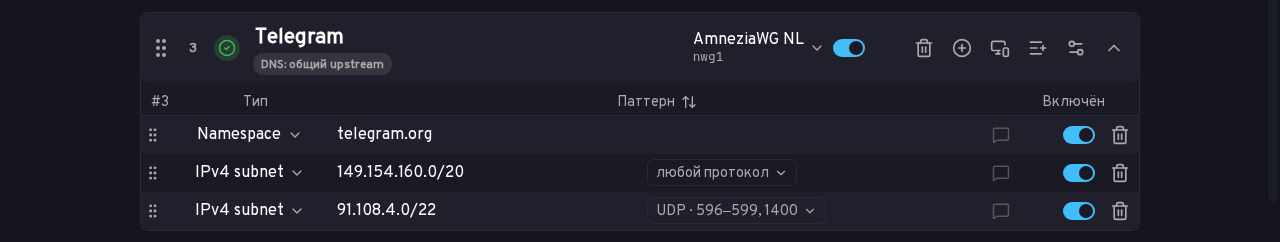 Группа Telegram: домен и две подсети, одна только для UDP на портах 596–599 и 1400